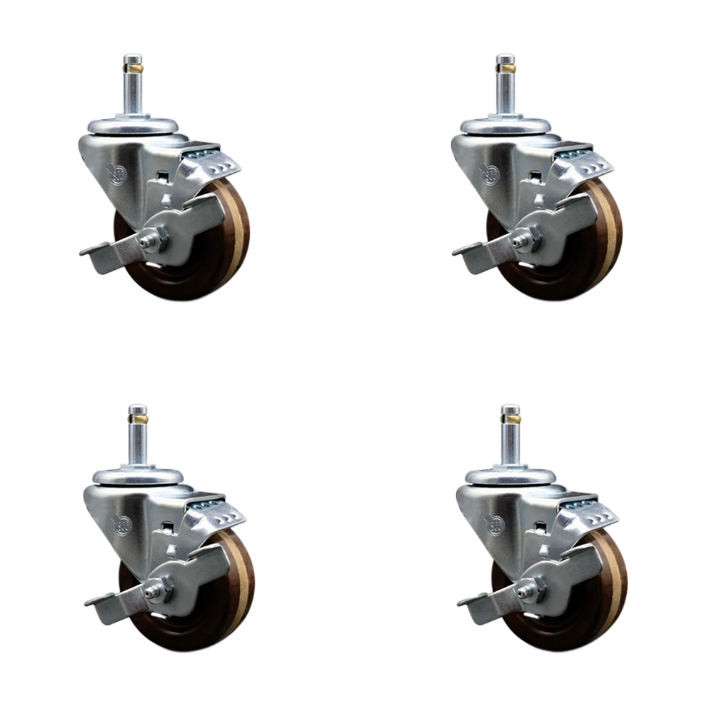 High Temperature Phenolic Swivel Grip Ring Stem Caster with Roller Bearing with 3 x 1.25 in. Brown Wheels & 0.43 in. Stems - Set of 4