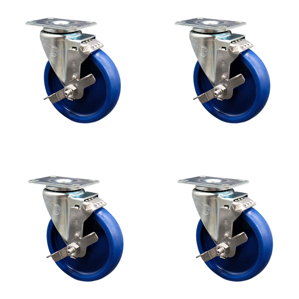 SCC-20S514-SPUS-TLB-TP3-4 Swivel Caster with Brakes & 5 in. Solid Polyurethane Wheel - 4 x 4.5 in. Overall Top Plate - Set of 4