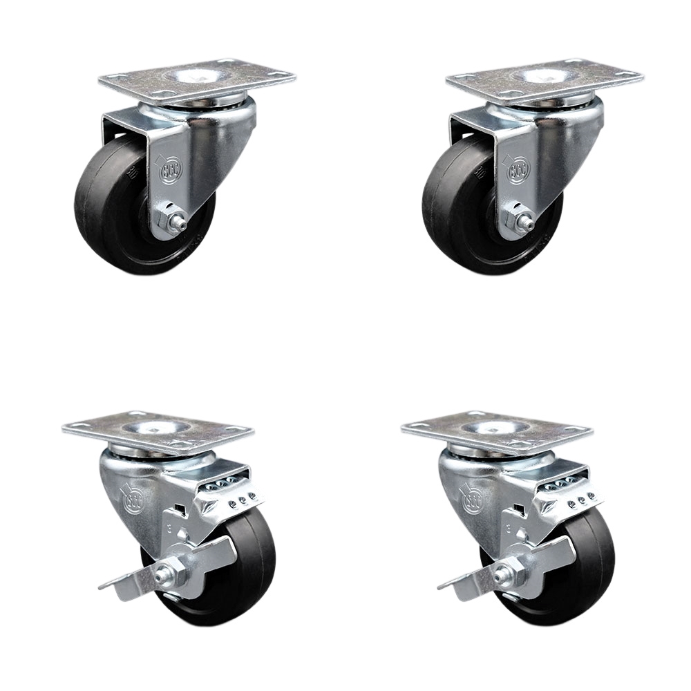 SCC-20S314-SRS-TP3-2-TLB-2 Swivel Caster with 2 Brakes, 3 in. Soft Rubber Wheel - 4 x 4.5 in. Overall Top Plate - Set of 4