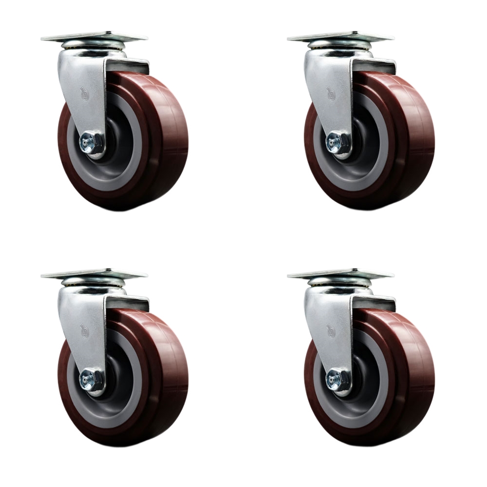 SCC-20S520-PPUB-4 Swivel Top Plate Caster Set, Maroon - 5 in. by 2 in. Polyurethane on Polyolefin Wheel Ball Bearing