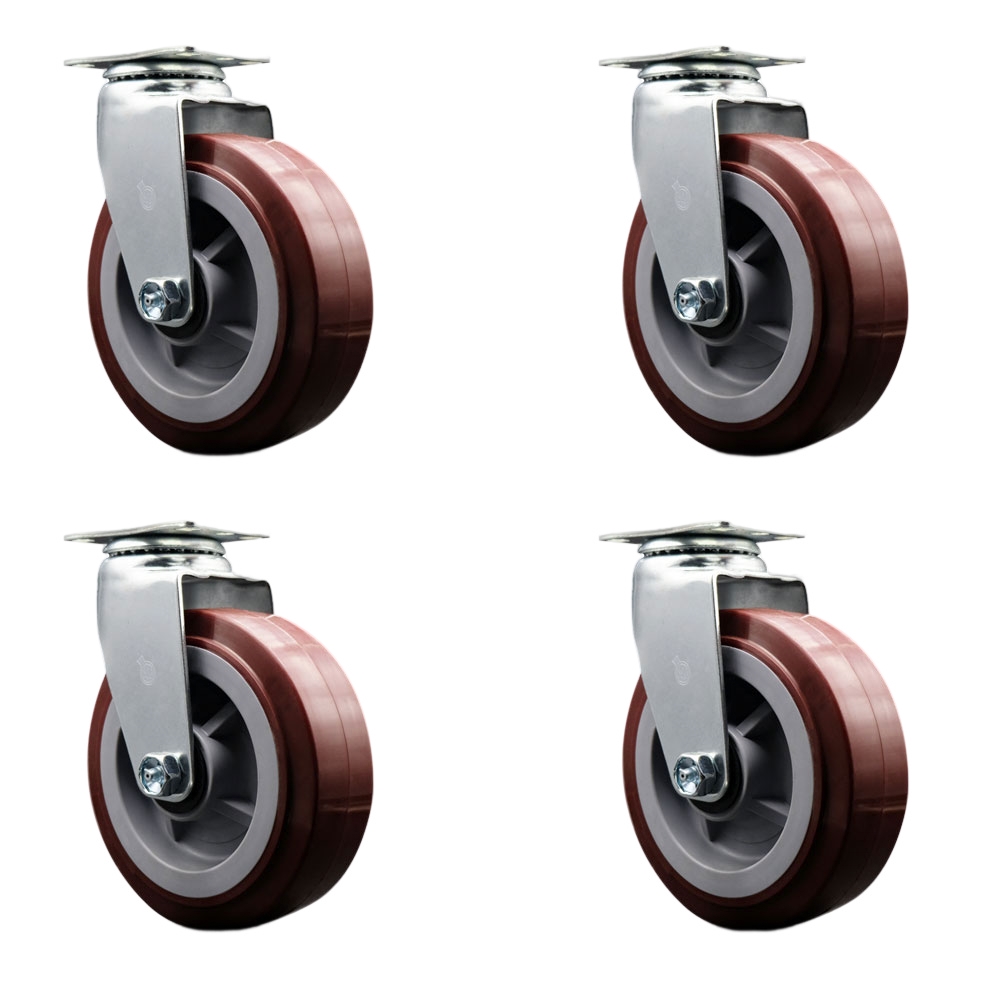 SCC-20S620-PPUB-4 Swivel Top Plate Caster Set, Maroon - 6 in. by 2 in. Polyurethane on Polyolefin Wheel Ball Bearing