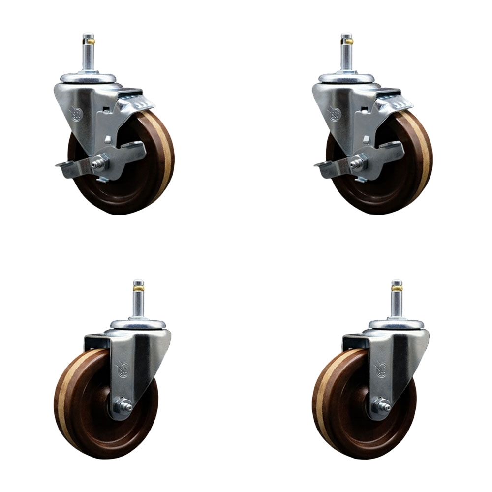 High Temperature Phenolic Swivel Grip Ring Stem Caster with Roller Bearing 4 x 1.25 in. Brown Wheels & 0.43 in. Stems - Set of 4