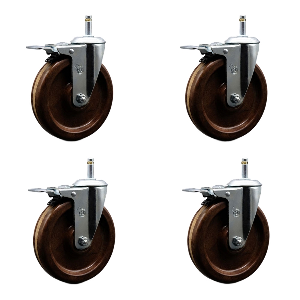 High Temperature Phenolic Swivel Grip Ring Stem Caster with Roller Bearing with 6 x 1.5 in. Brown Wheels & 0.43 in. Stems - Set of 4