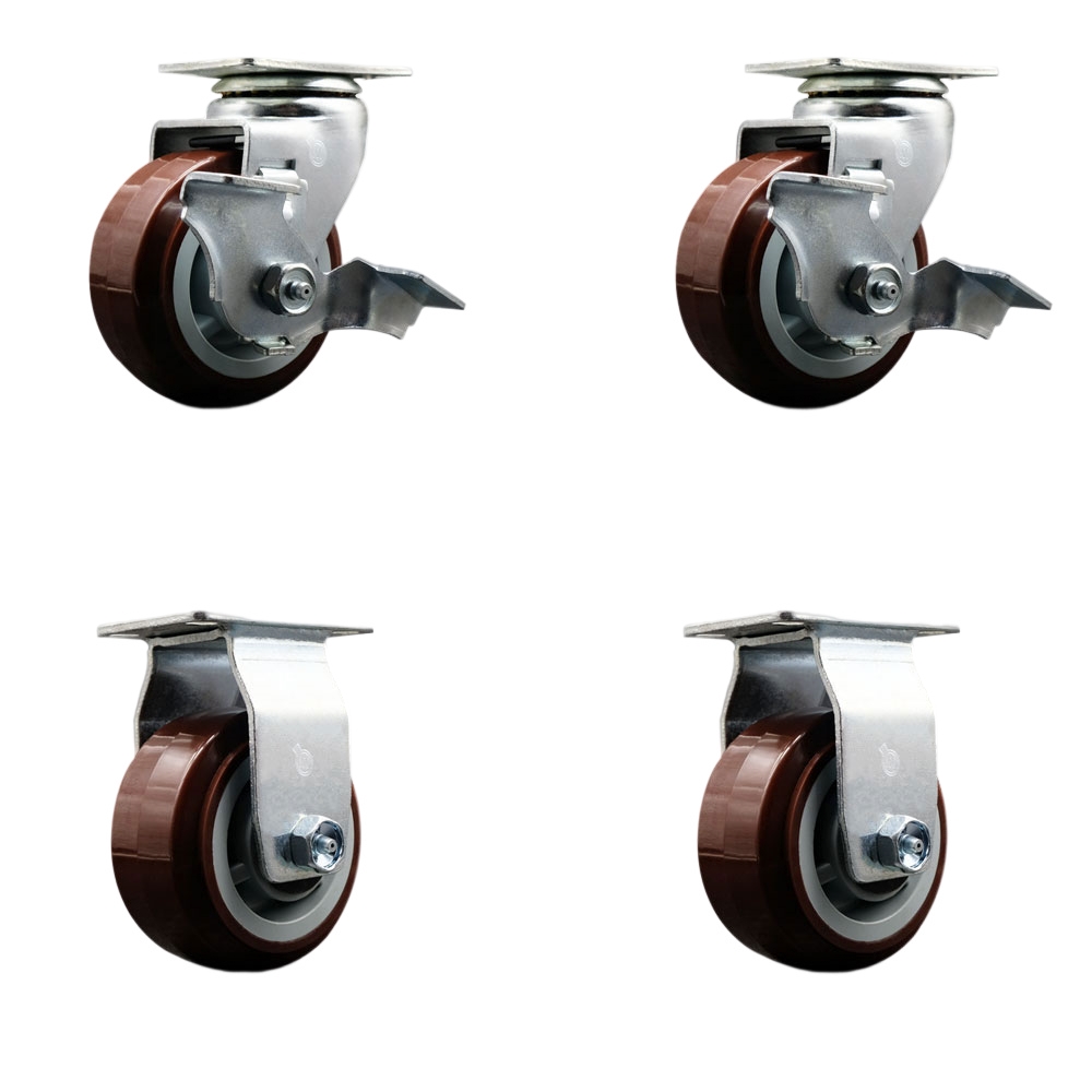 SCC-20S420-PPUB-TLB-2-R-2 Swivel & Rigid Plate Caster Set, Maroon - 4 in. by 2 in. Polyurethane on Polyolefin Wheel Ball Bearing