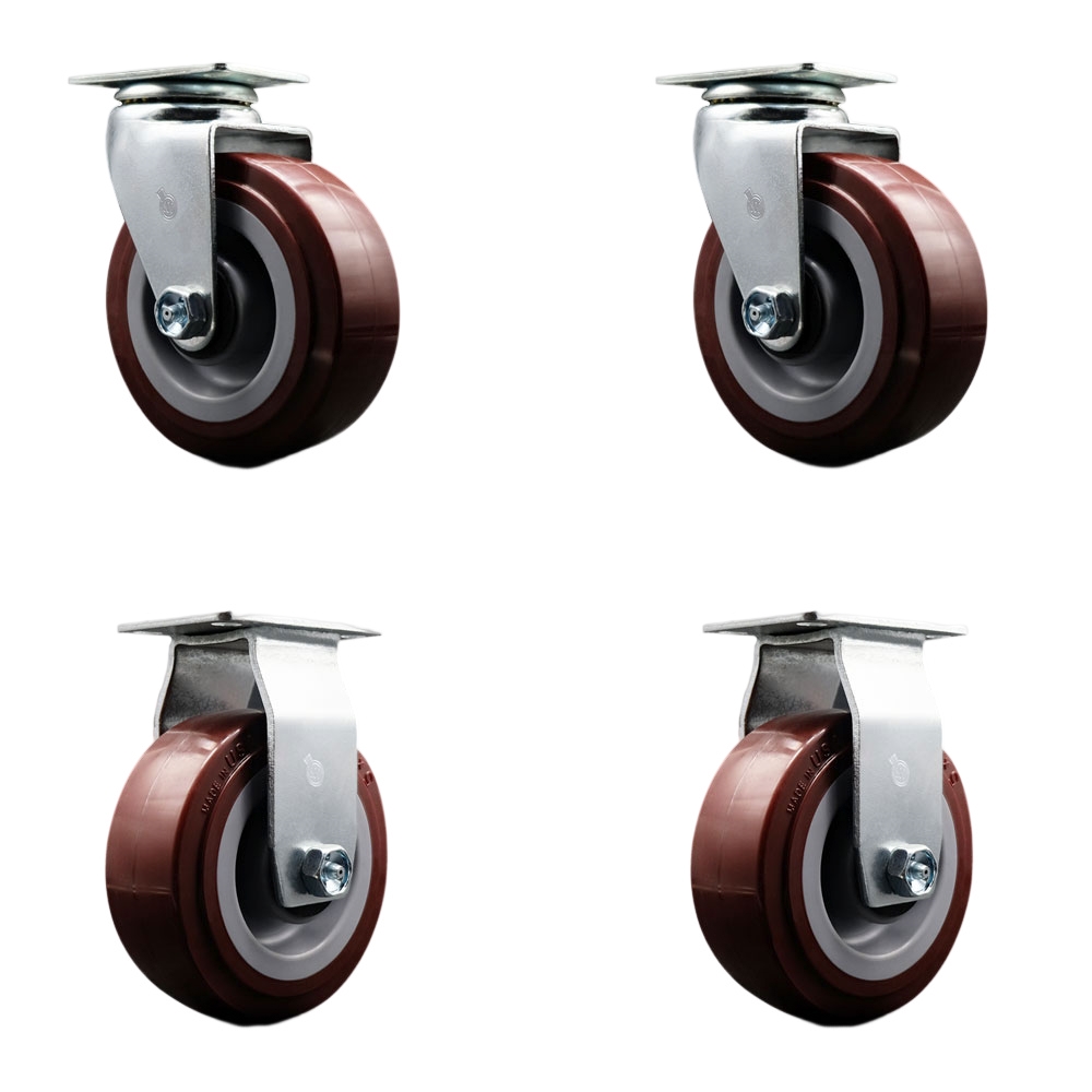 SCC-20S520-PPUB-2-R-2 Swivel & Rigid Top Plate Caster Set, Maroon - 5 in. by 2 in. Polyurethane on Polyolefin Wheel Ball Bearing