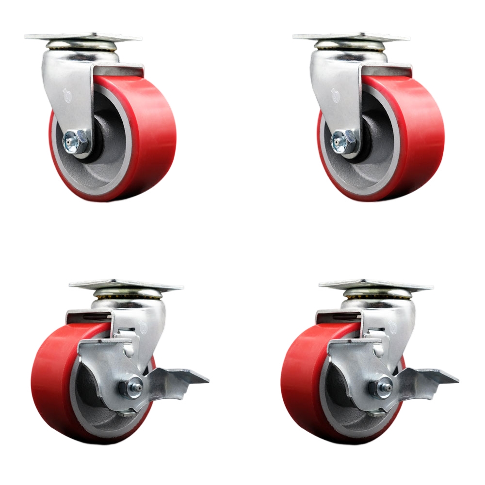 SCC-20S420-PUB-RS-2-TLB-2 Swivel Top Plate Caster Set, Red - 4 in. by 2 in. Polyurethane on Cast Iron Wheel Ball Bearing