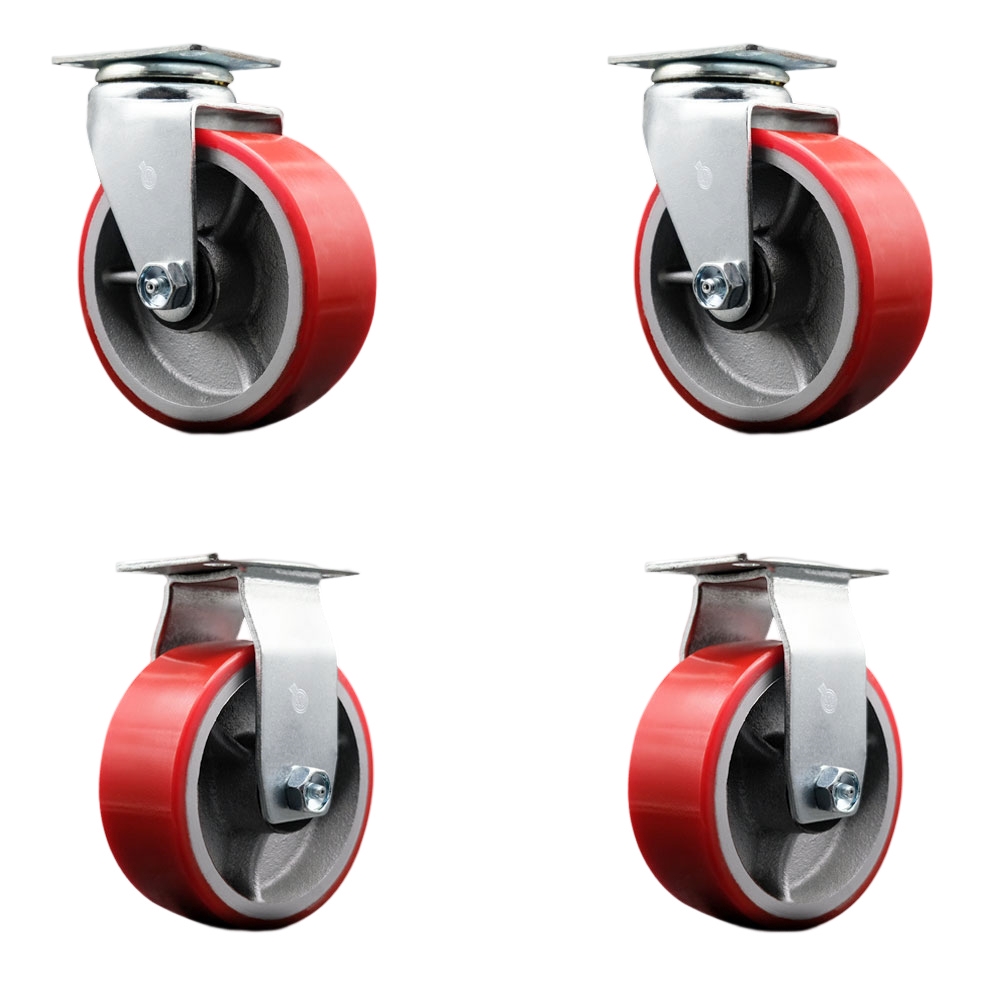 SCC-20S520-PUB-RS-2-R-2 Swivel & Rigid Top Plate Caster Set, Red - 5 in. by 2 in. Polyurethane on Cast Iron Wheel Ball Bearing