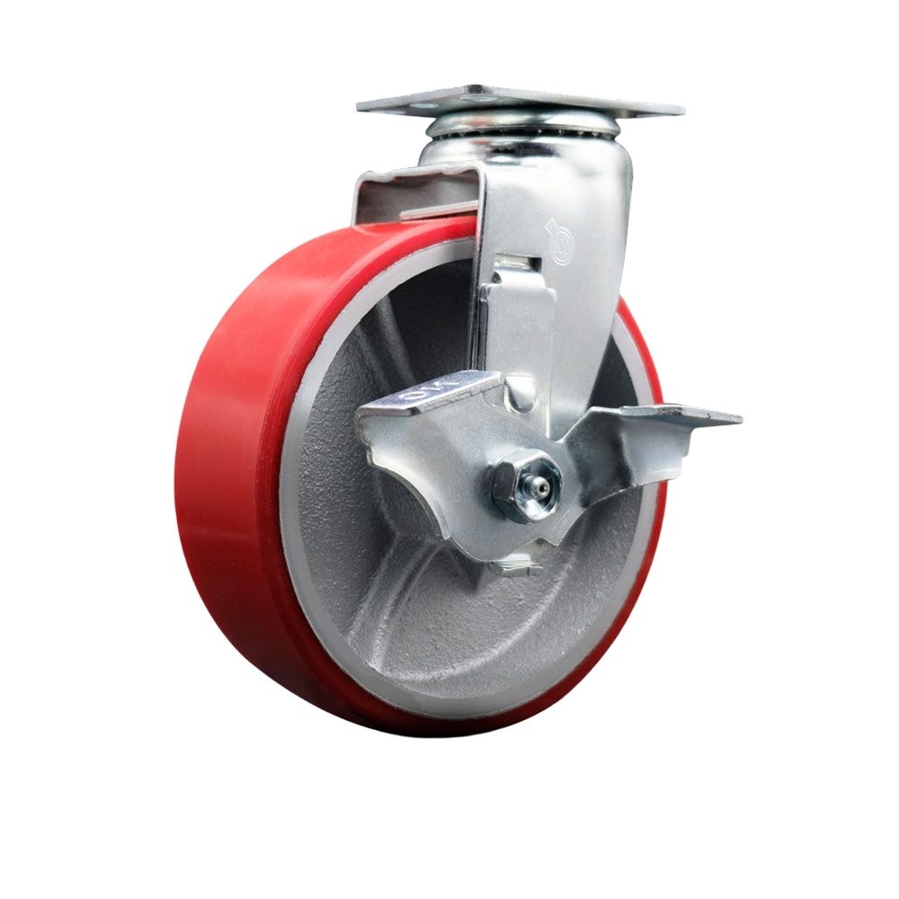 SCC-20S620-PUB-RS-TLB Swivel Top Plate Caster, Red - 6 in. by 2 in. Polyurethane on Cast Iron Wheel Ball Bearing