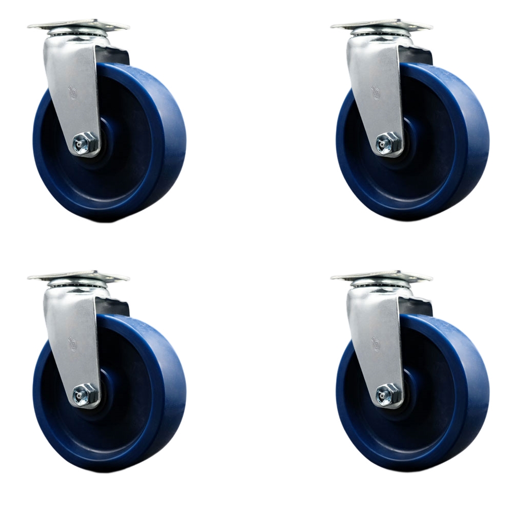 SCC-20S620-SPUB-4 Swivel Top Plate Caster Set, Blue - 6 in. by 2 in. Solid Polyurethane Wheel Ball Bearing