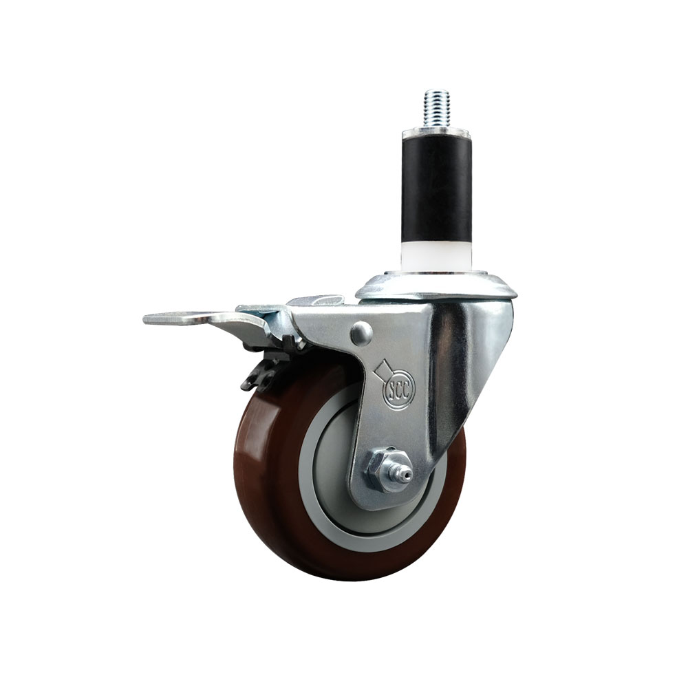 Stainless Steel Polyurethane Expanding Stem Swivel Caster with 3.5 in. Maroon Wheel & 1.38 in. Stem & Total Locking Brake