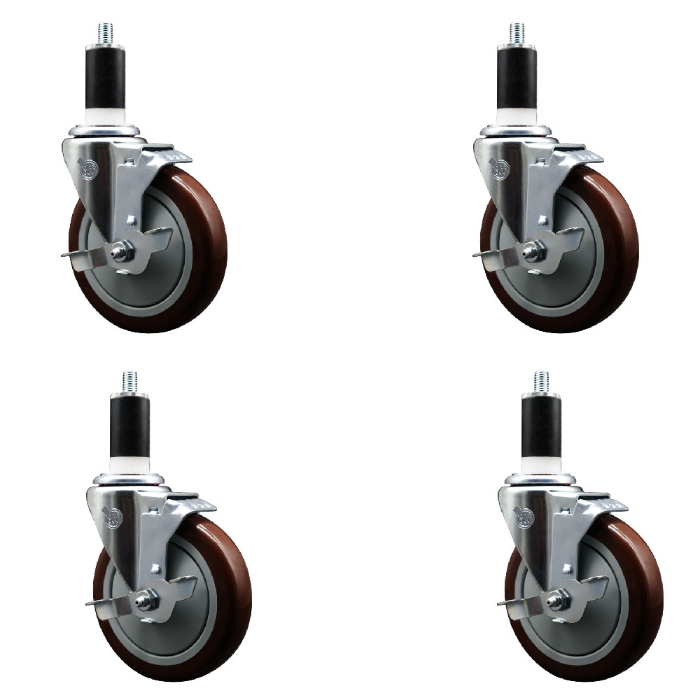 Stainless Steel Polyurethane Swivel Expanding Stem Caster with 5 in. Maroon Wheels & 1.38 in. Stems 4 Swivel - Set of 4