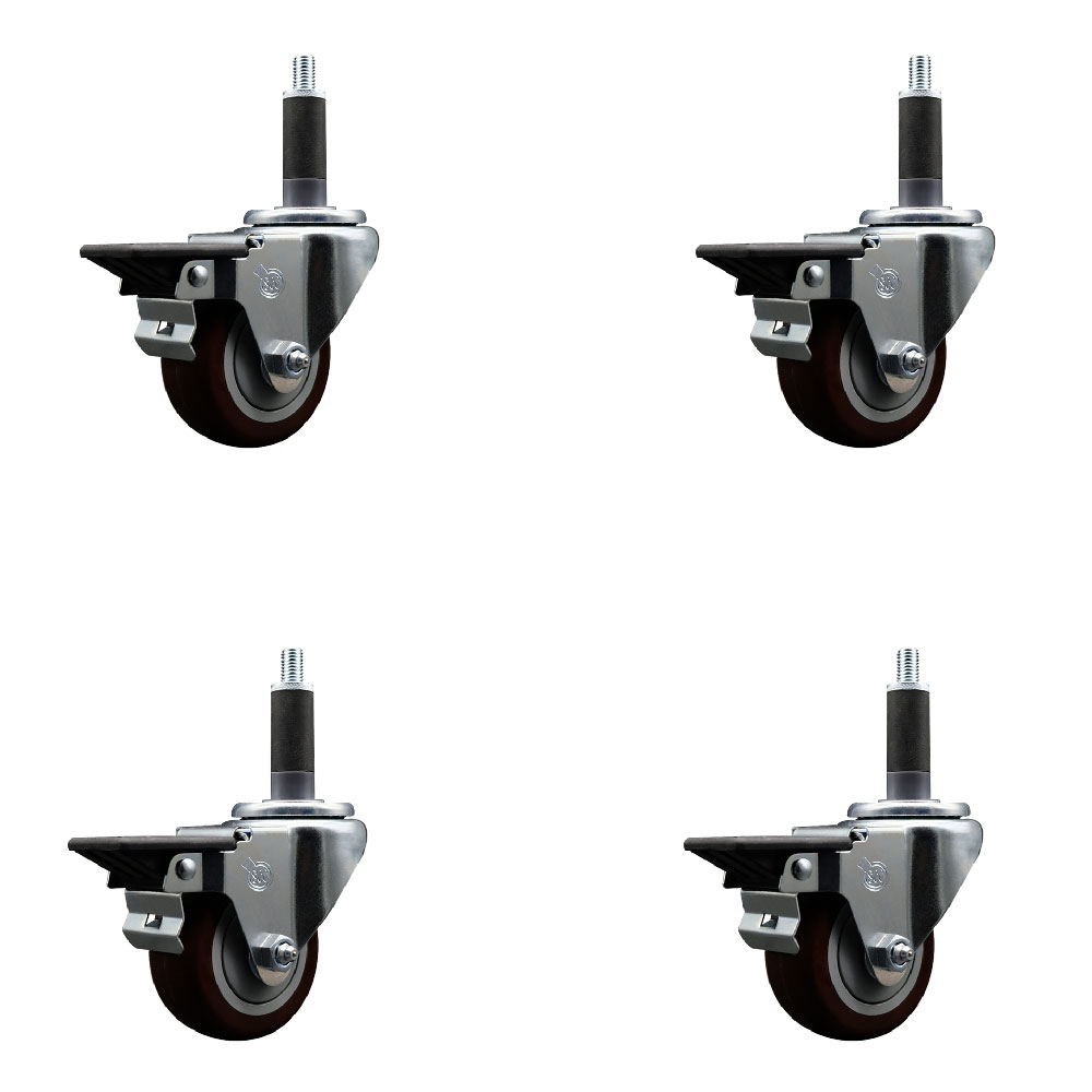 SCC-EX20S314-PPUB-MRN-PLB-1-4 Polyurethane Swivel Expanding Stem Caster with 3 in. Maroon Wheels & 1 in. Stems - Set of 4