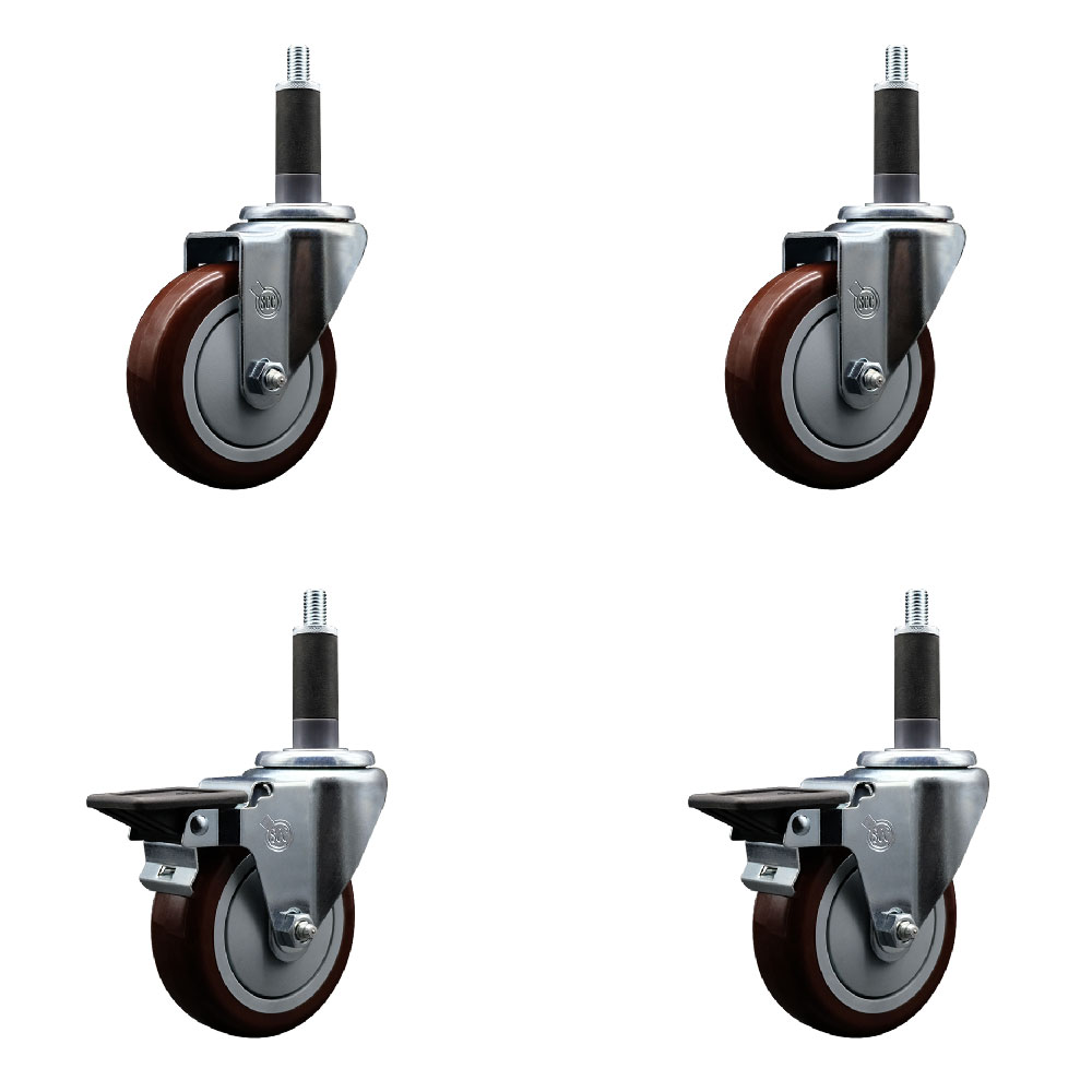 SCC-EX20S414-PPUB-MRN-2-PLB-2-1 Polyurethane Swivel Expanding Stem Caster with 4 in. Maroon Wheels & 1 in. Stems - Set of 4