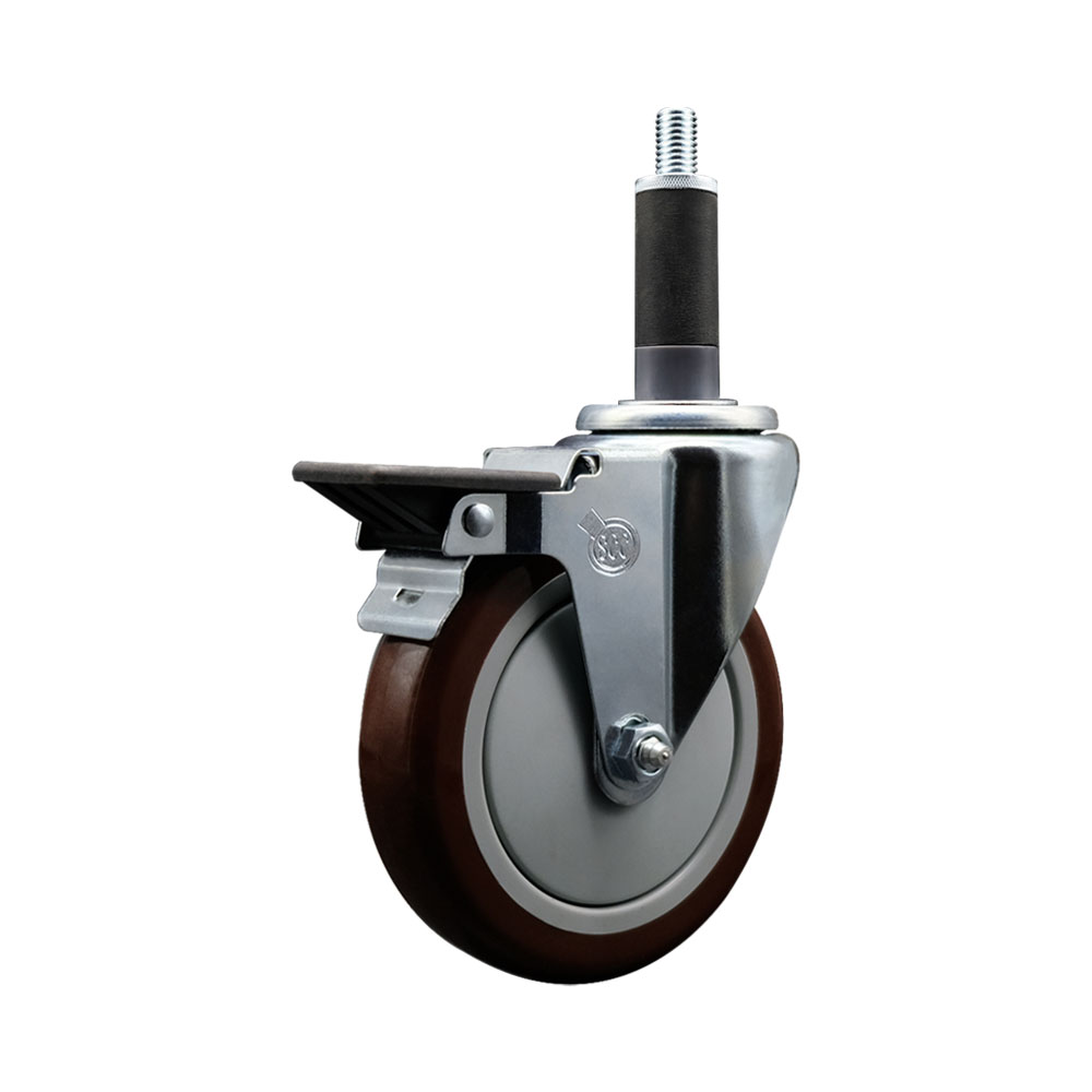 SCC-EX20S514-PPUB-MRN-PLB-1 Polyurethane Expanding Stem Swivel Caster with 5 in. Maroon Wheel & 1 in. Stem & Posi Locking Brake
