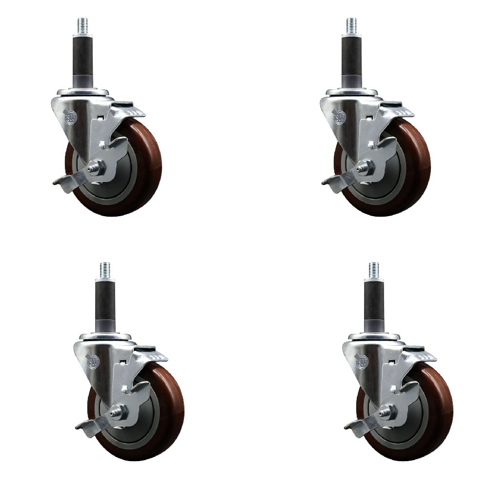 Stainless Steel Polyurethane Swivel Expanding Stem Caster with 4 in. Maroon Wheels & 1 in. Stems 4 Swivel with Top Locking Brakes - Set of 4