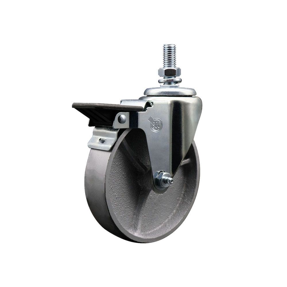 Semi Steel Cast Iron Swivel Threaded Stem Caster with Roller Bearing 5 x 1.25 in. Silver Wheel & 10 mm Stem & Posi Locking Brake