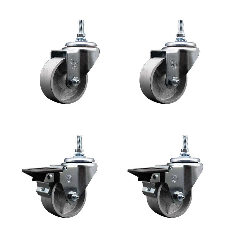 Semi Steel Cast Iron Swivel Threaded Stem Caster with Roller Bearing 3 x 1.25 in. Silver Wheels & 12 mm Stems - Set of 4
