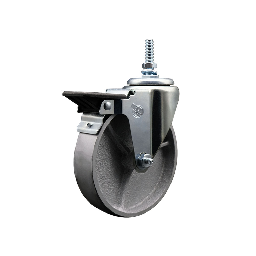 Semi Steel Cast Iron Swivel Threaded Stem Caster with Roller Bearing 5 x 1.25 in. Silver Wheel & 12 mm Stem & Posi Locking Brake