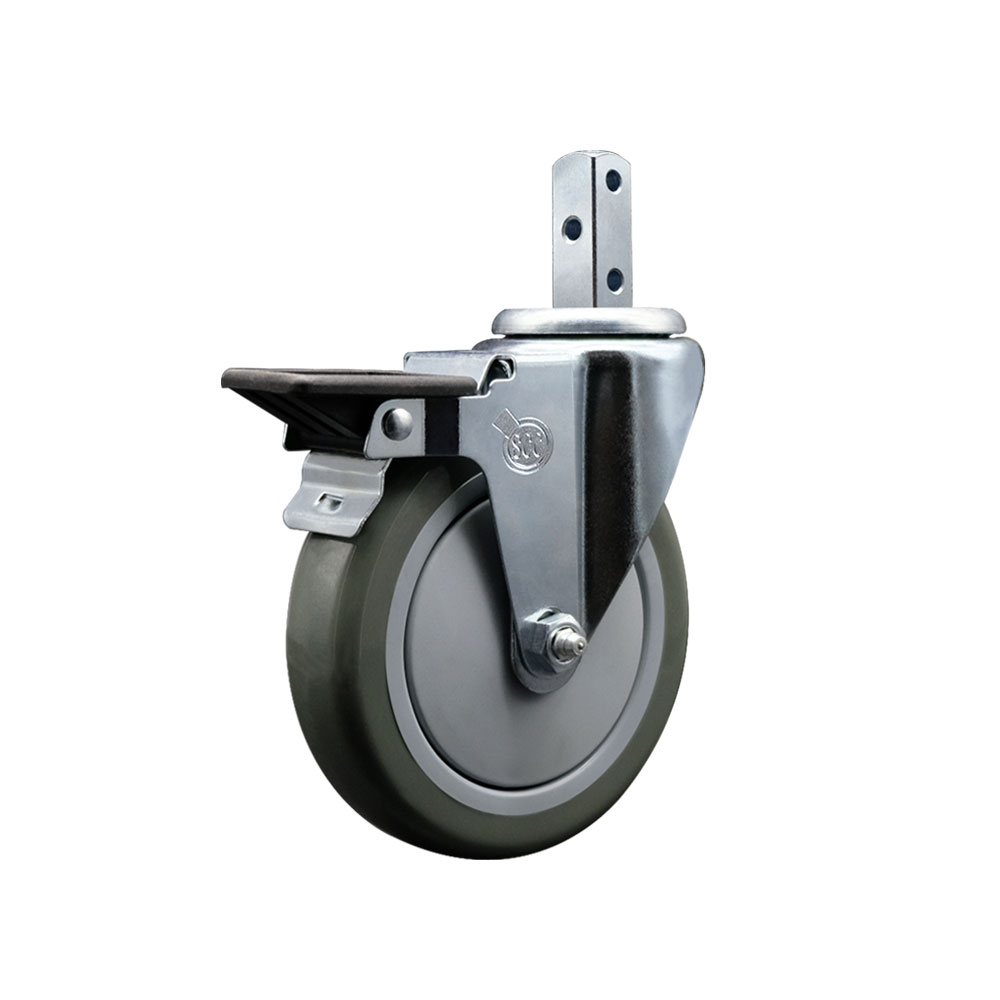 Swivel Square Stem Caster with 5 x 1.25 in. Gray Polyurethane Wheel, 0.87 x 2 in. Square Stem with 3 0.26 in. Diameter Mounting Holes