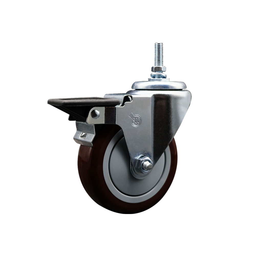 SCC-TS20S414-PPUB-MRN-PLB-381615 Polyurethane Swivel Threaded Stem Caster with 4 x 1.25 in. Maroon Wheel & 0.38 in. Stem & Posi Locking Brake