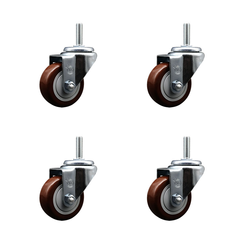 SCC-TS20S314-PPUB-MRN-58212-4 Polyurethane Swivel Threaded Stem Caster with 3 x 1.25 in. Maroon Wheels & 0.63 in. Stems - Set of 4
