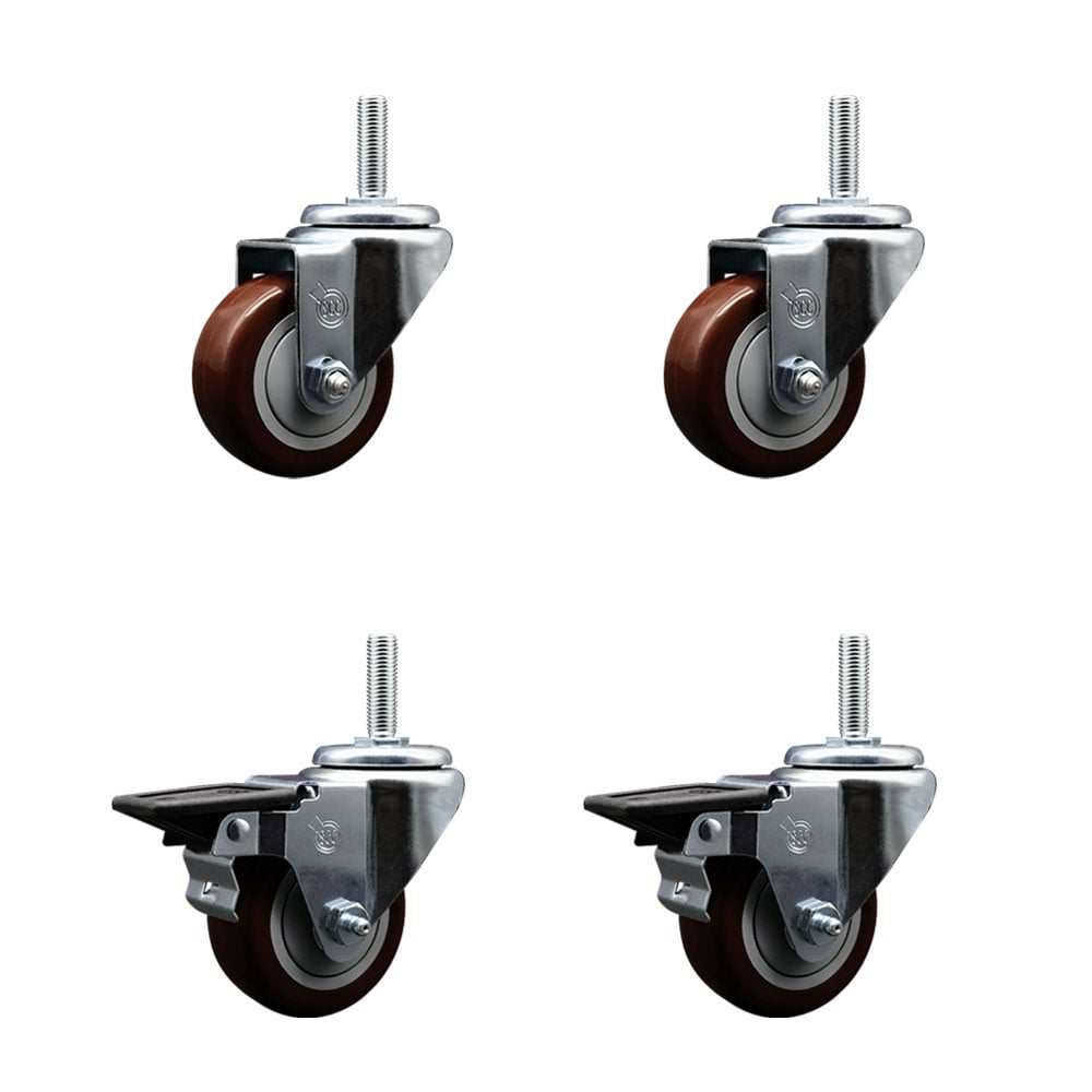 SCC-TS20S314-PPUB-MRN-58212-2-PLB-2 Polyurethane Swivel Threaded Stem Caster with 3 x 1.25 in. Maroon Wheels & 0.63 in. Stems - Set of 4