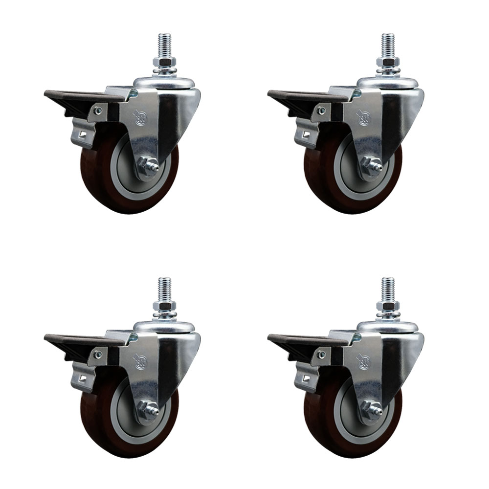 SCC-TS20S3514-PPUB-MRN-PLB-M1015-4 Polyurethane Swivel Threaded Stem Caster with 3.5 x 1.25 in. Maroon Wheels & 10 mm Stems - Set of 4