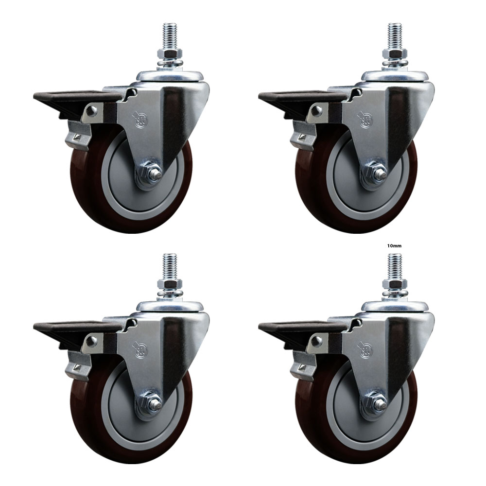 SCC-TS20S514-PPUB-MRN-PLB-M1015-4 Polyurethane Swivel Threaded Stem Caster with 5 x 1.25 in. Maroon Wheels & 10 mm Stems - Set of 4