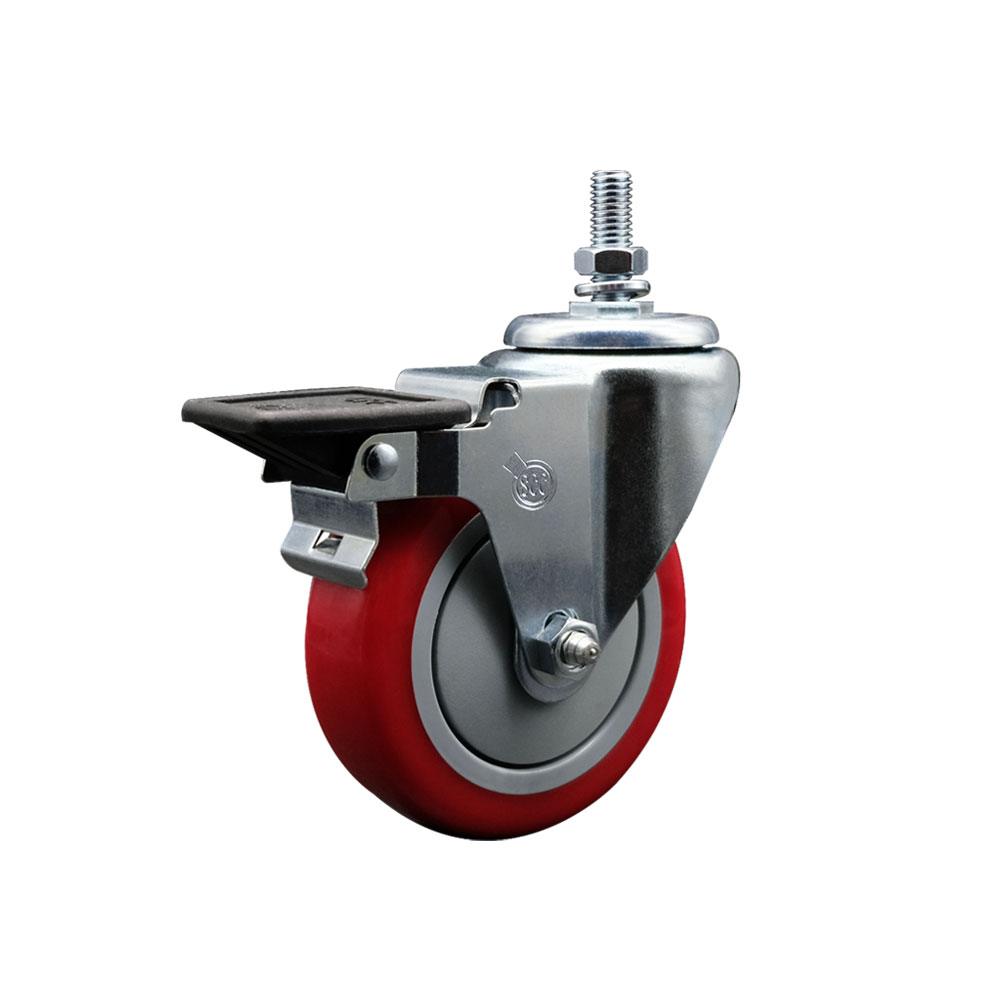SCC-TS20S414-PPUB-RED-PLB-121315 Polyurethane Swivel Threaded Stem Caster with 4 x 1.25 in. Red Wheel & 0.5 in. Stem & Posi Locking Brake