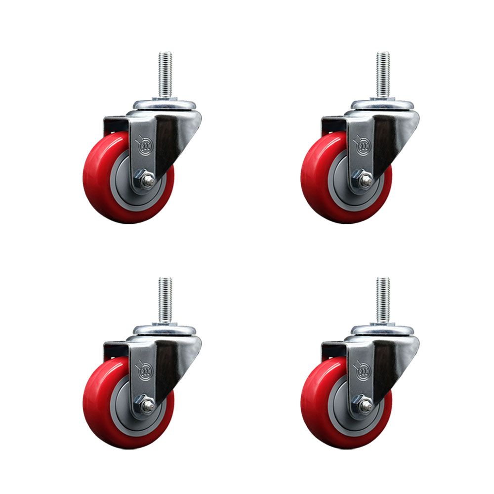 SCC-TS20S314-PPUB-RED-58212-4 Polyurethane Swivel Threaded Stem Caster with 3 x 1.25 in. Red Wheels & 0.63 in. Stems - Set of 4