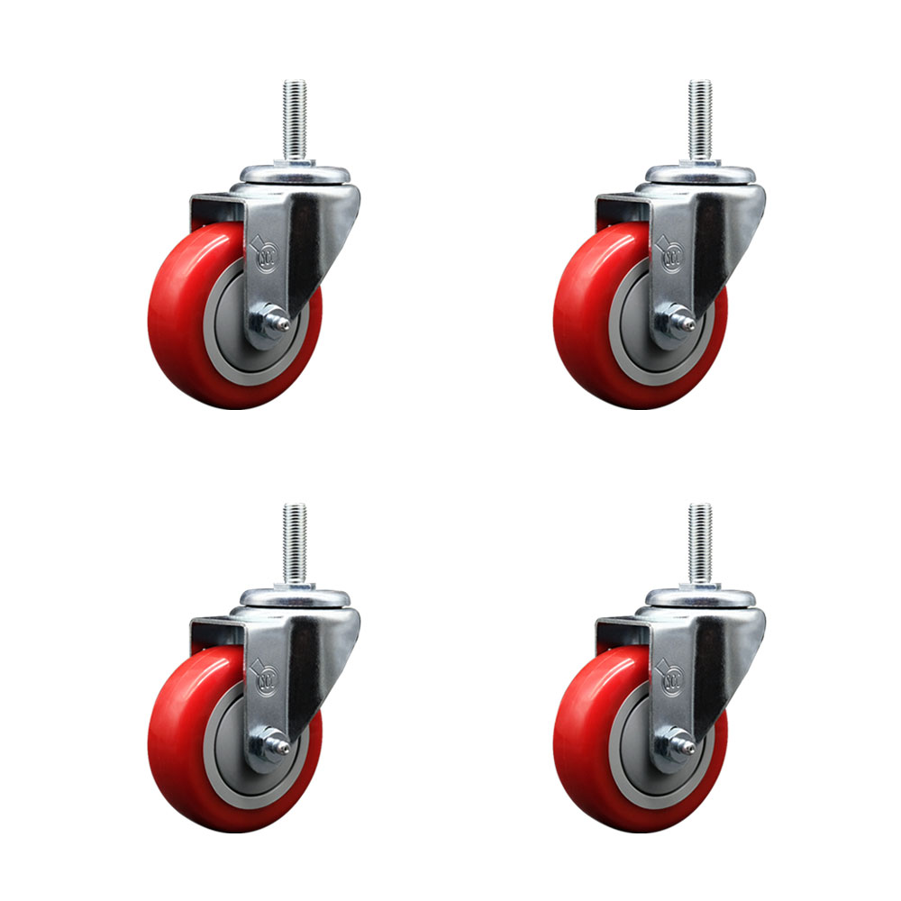 SCC-TS20S3514-PPUB-RED-58212-4 Polyurethane Swivel Threaded Stem Caster with 3.5 x 1.25 in. Red Wheels & 0.63 in. Stems - Set of 4