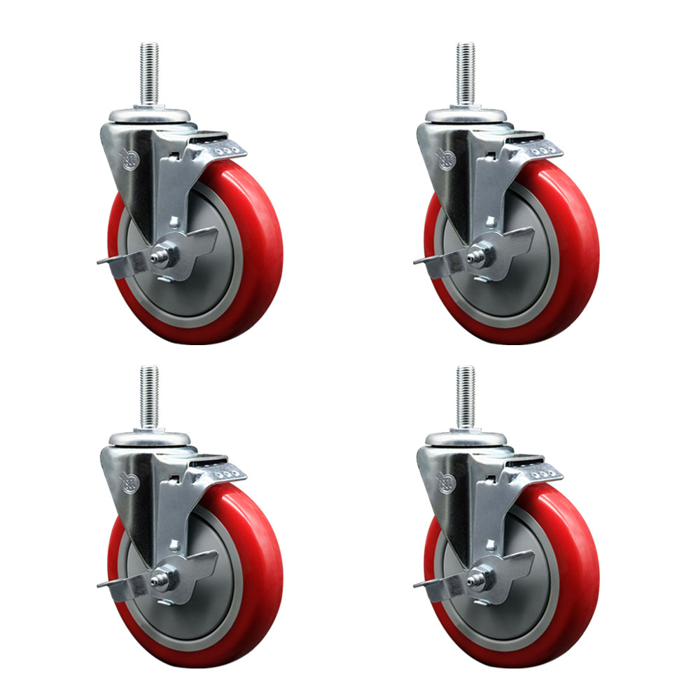 SCC-TS20S514-PPUB-RED-TLB-58212-4 Polyurethane Swivel Threaded Stem Caster with 5 x 1.25 in. Red Wheels & 0.63 in. Stems - Set of 4