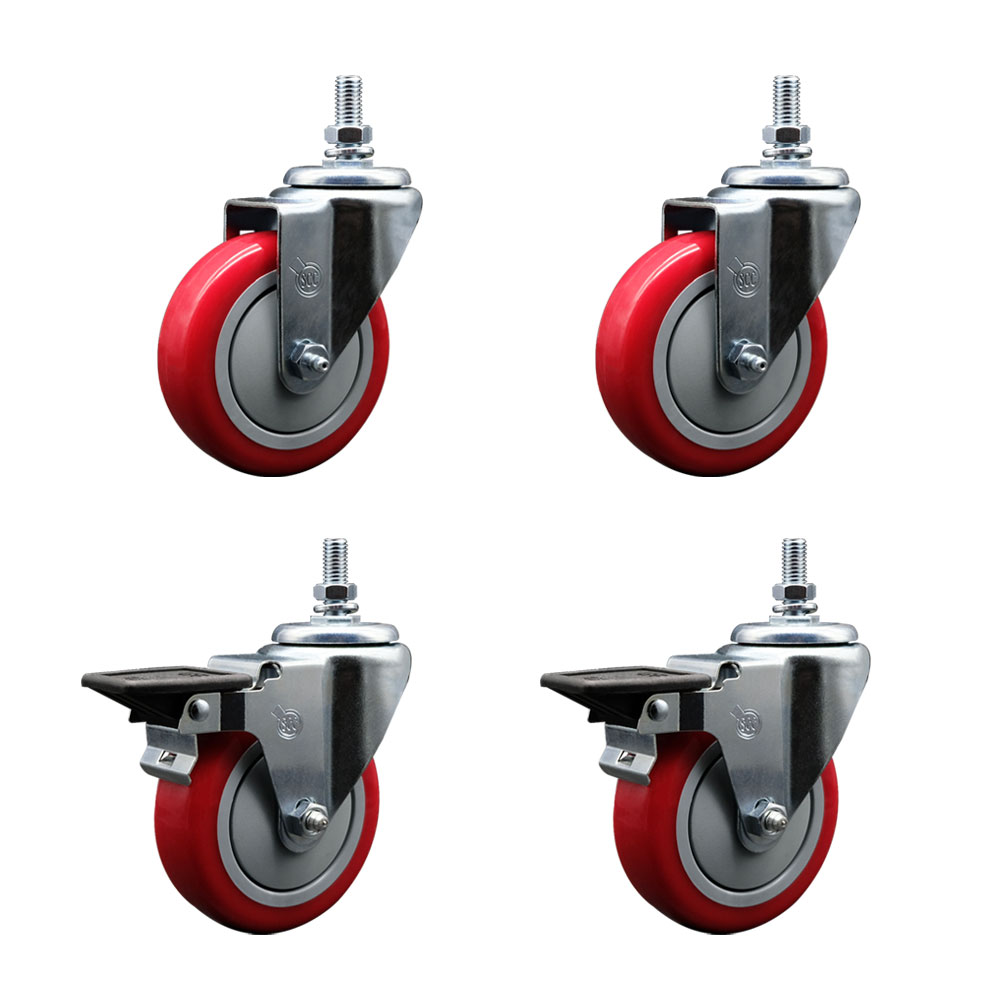 SCC-TS20S414-PPUB-RED-M1015-2-PLB-2 Polyurethane Swivel Threaded Stem Caster with 4 x 1.25 in. Red Wheels & 10 mm Stems - Set of 4