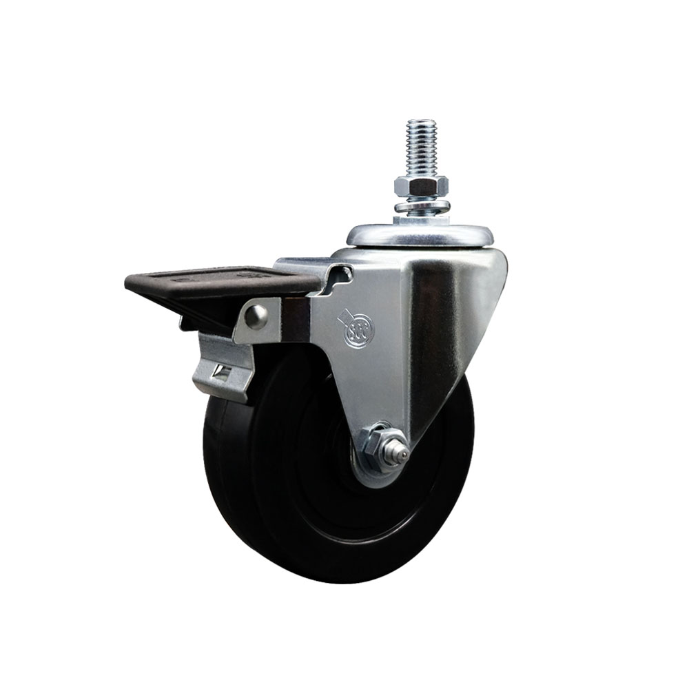 SCC-TS20S414-SRS-PLB-121315 Soft Rubber Swivel Threaded Stem Caster with 4 x 1.25 in. Black Wheel & 0.5 in. Stem & Posi Locking Brake