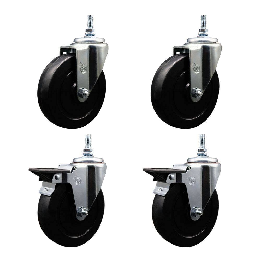 SCC-TS20S514-SRS-381615-2-PLB-2 Soft Rubber Swivel Threaded Stem Caster with 5 x 1.25 in. Black Wheels & 0.38 in. Stems - Set of 4
