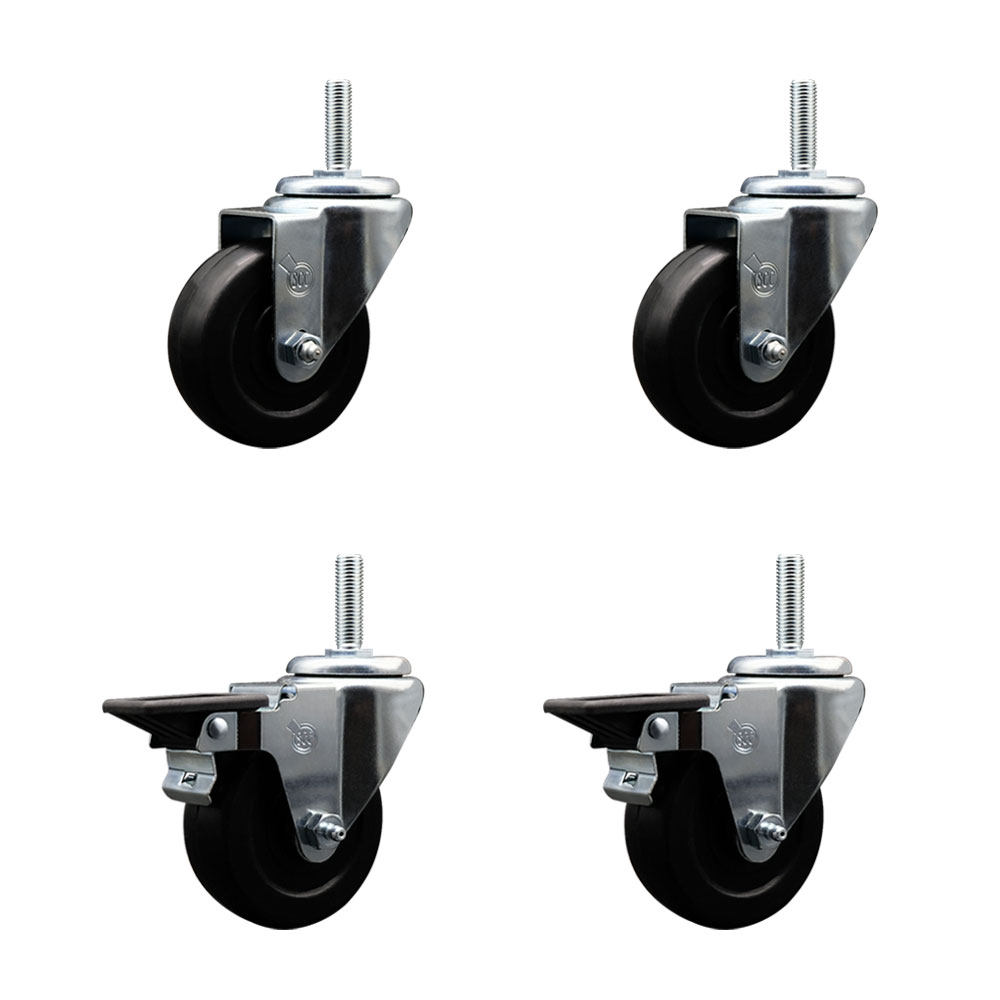 SCC-TS20S3514-SRS-58212-2-PLB-2 Soft Rubber Swivel Threaded Stem Caster with 3.5 x 1.25 in. Black Wheels & 0.63 in. Stems - Set of 4