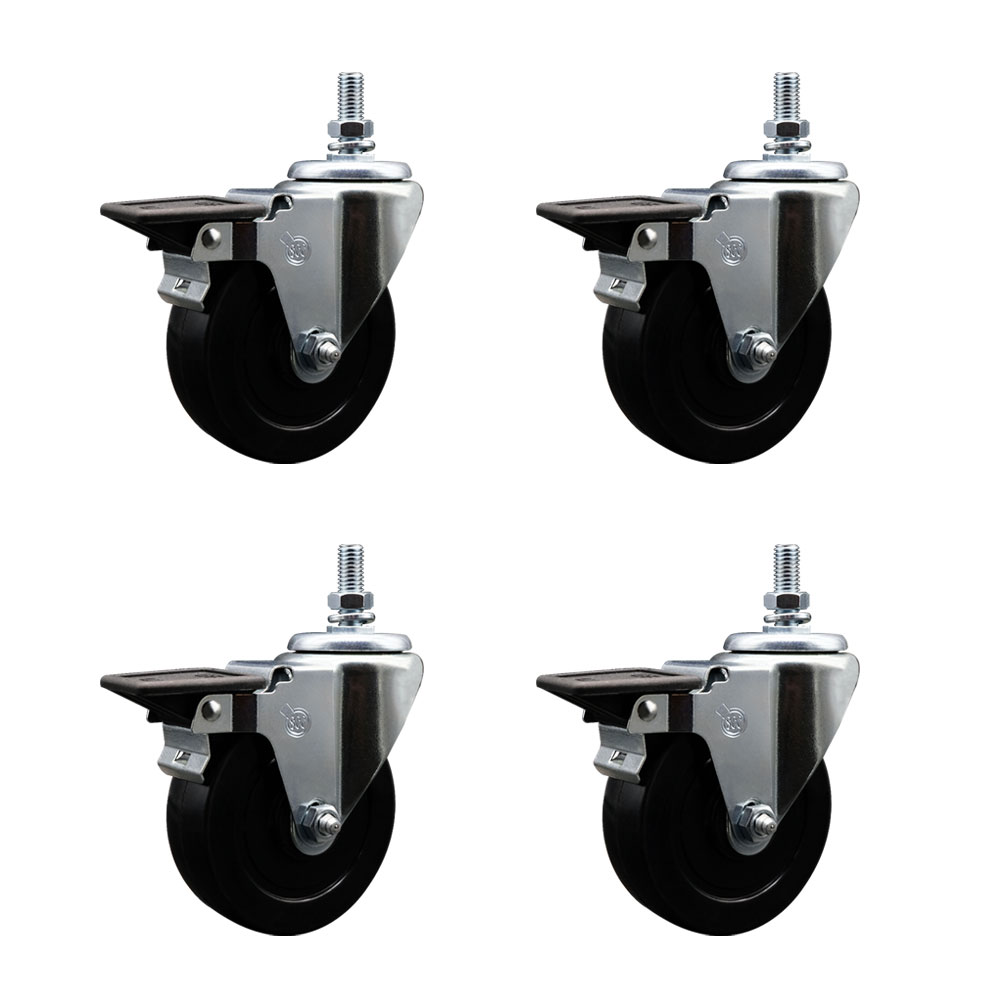 SCC-TS20S414-SRS-PLB-M1015-4 Soft Rubber Swivel Threaded Stem Caster with 4 x 1.25 in. Black Wheels & 10 mm Stems - Set of 4