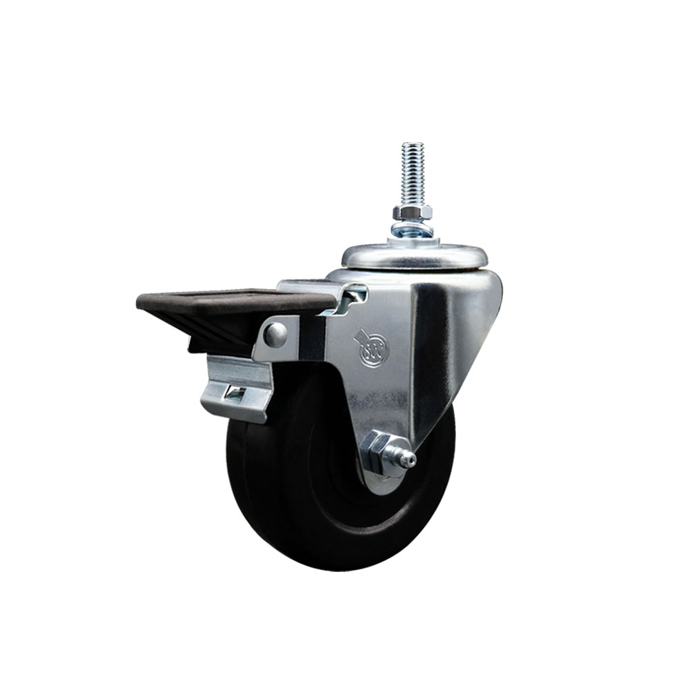 SCC-TS20S3514-SRS-PLB-M1215 Soft Rubber Swivel Threaded Stem Caster with 3.5 x 1.25 in. Black Wheel & 12 mm Stem & Posi Locking Brake