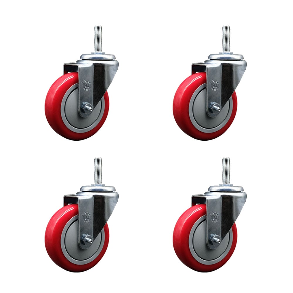 SCC-TS20S414-PPUB-RED-34212-4 Polyurethane Swivel Threaded Stem Caster with 4 x 1.25 in. Red Wheels & 0.75 in. Stems - Set of 4