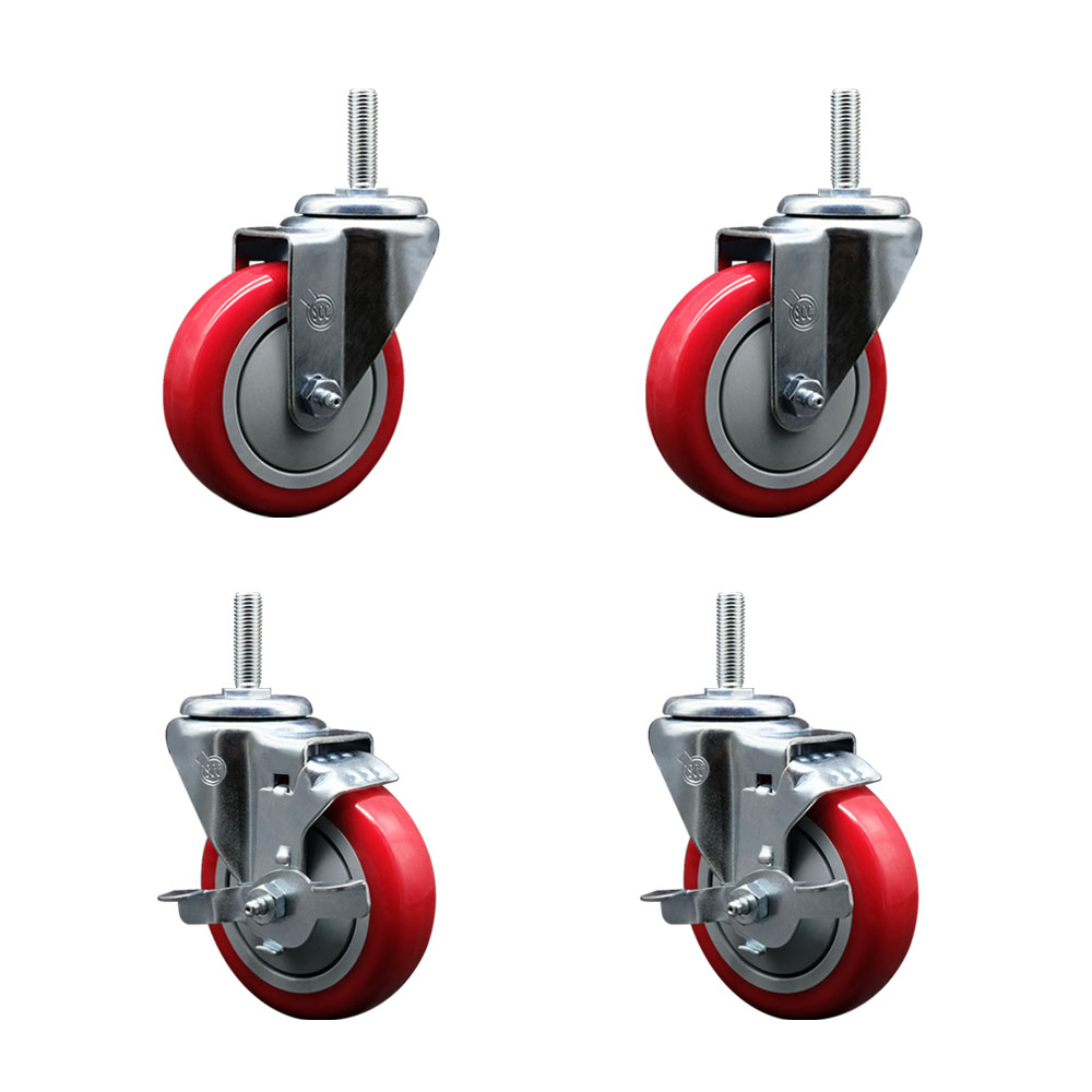 SCC-TS20S414-PPUB-RED-34212-2-TLB-2 Polyurethane Swivel Threaded Stem Caster with 4 x 1.25 in. Red Wheels & 0.75 in. Stems - Set of 4