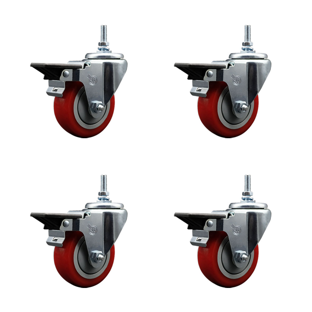 SCC-TS20S3514-PPUB-RED-PLB-381615-4 Polyurethane Swivel Threaded Stem Caster with 3.5 x 1.25 in. Red Wheels & 0.38 in. Stems - Set of 4