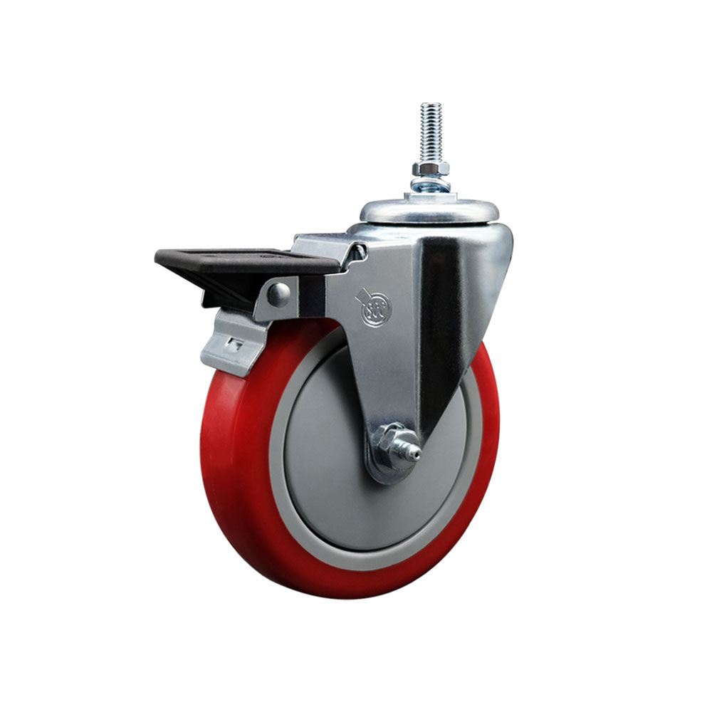 SCC-TS20S514-PPUB-RED-PLB-381615 Polyurethane Swivel Threaded Stem Caster with 5 x 1.25 in. Red Wheel & 0.38 in. Stem & Posi Locking Brake