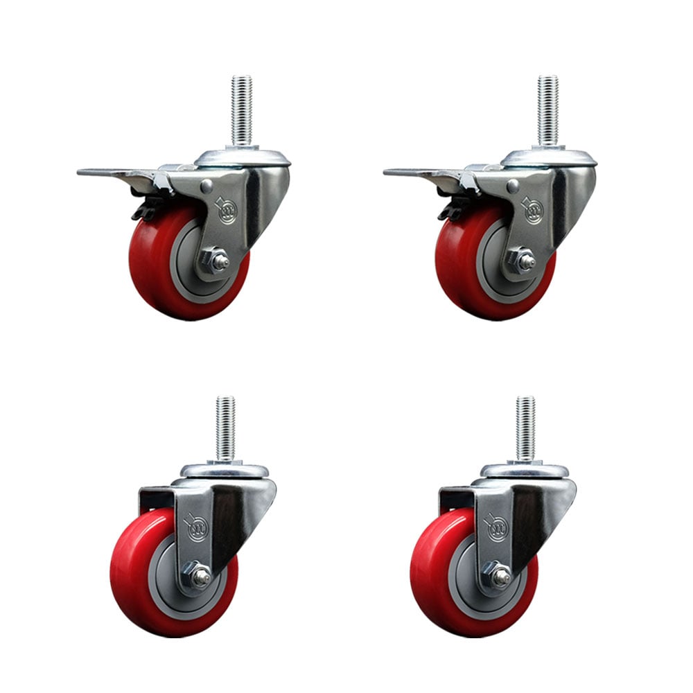 SCC-TSTTL20S314-PPUB-RED-58212-2-S-2 Polyurethane Swivel Threaded Stem Caster with 3 x 1.25 in. Red Wheels & 0.63 in. Stems - Set of 4