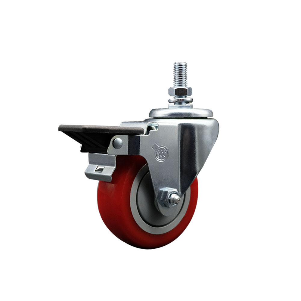 SCC-TS20S3514-PPUB-RED-PLB-M1015 Polyurethane Swivel Threaded Stem Caster with 3.5 x 1.25 in. Red Wheel & 10 mm Stem & Posi Locking Brake