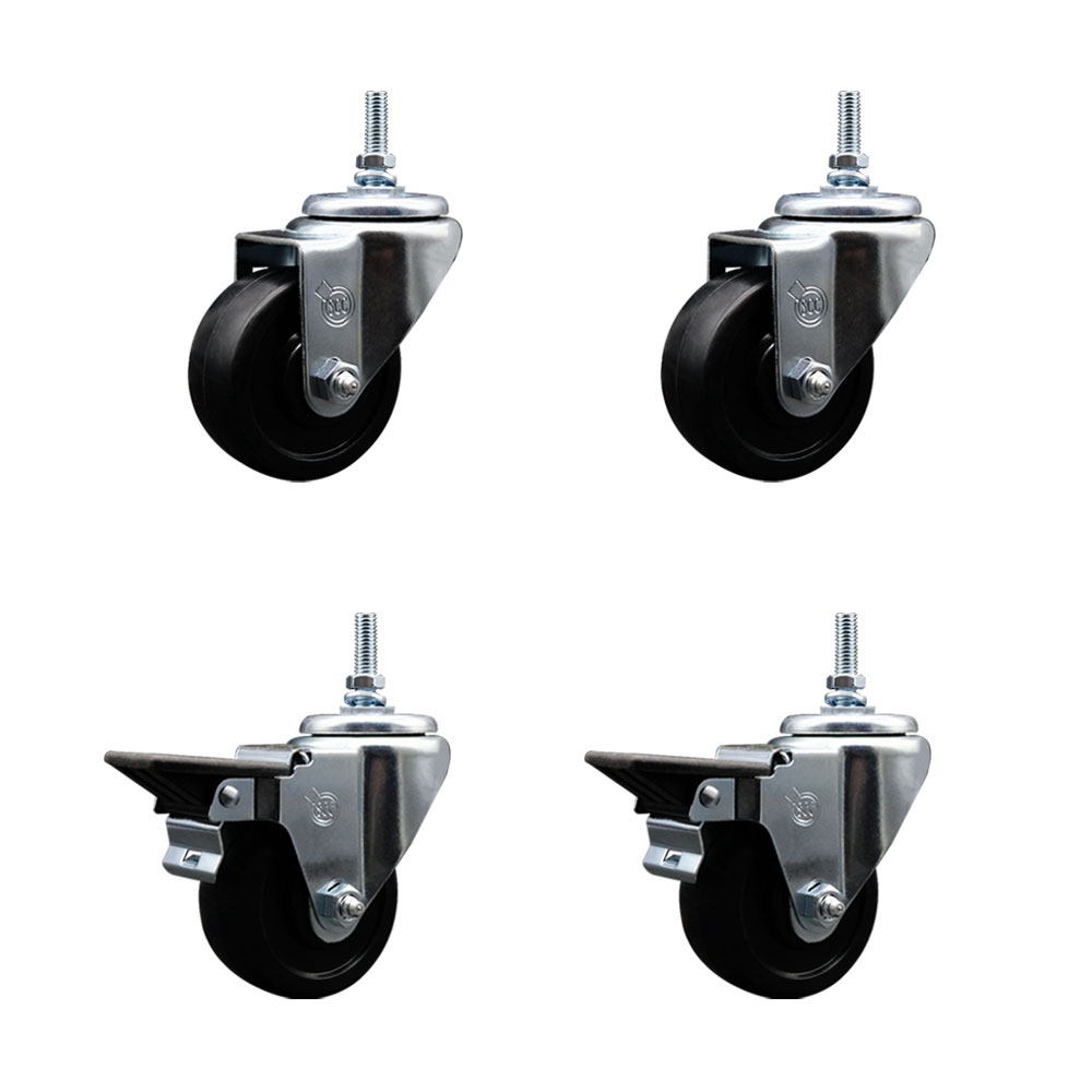 SCC-TS20S314-SRS-381615-2-PLB-2 Soft Rubber Swivel Threaded Stem Caster with 3 x 1.25 in. Black Wheels & 0.38 in. Stems - Set of 4