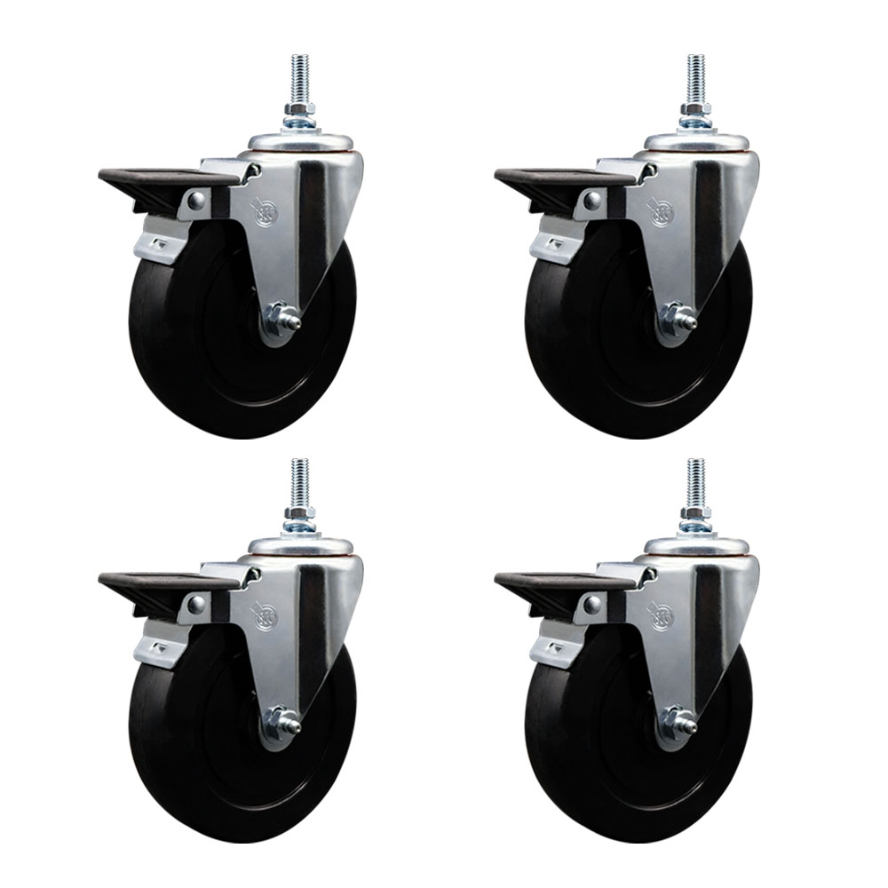 SCC-TS20S514-SRS-PLB-381615-4 Soft Rubber Swivel Threaded Stem Caster with 5 x 1.25 in. Black Wheels & 0.38 in. Stems - Set of 4