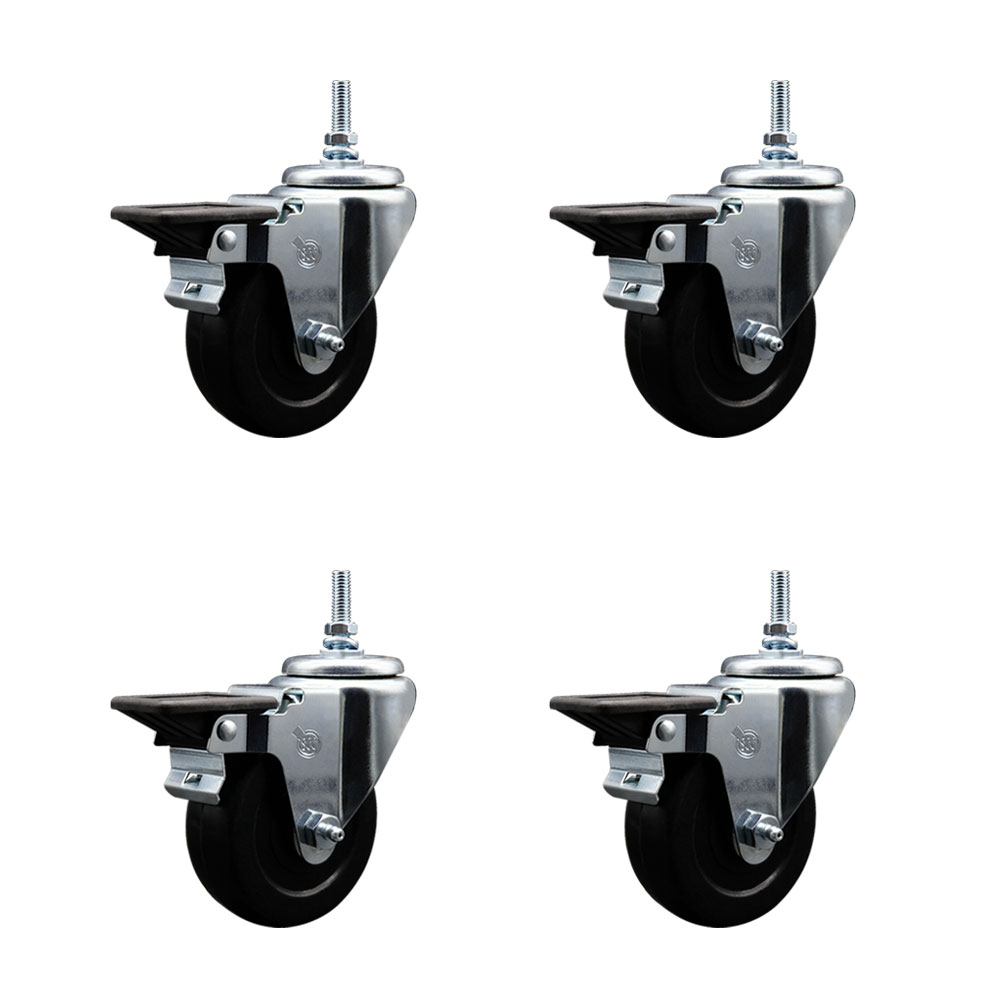 SCC-TS20S3514-SRS-PLB-M1215-4 Soft Rubber Swivel Threaded Stem Caster with 3.5 x 1.25 in. Black Wheels & 12 mm Stems - Set of 4