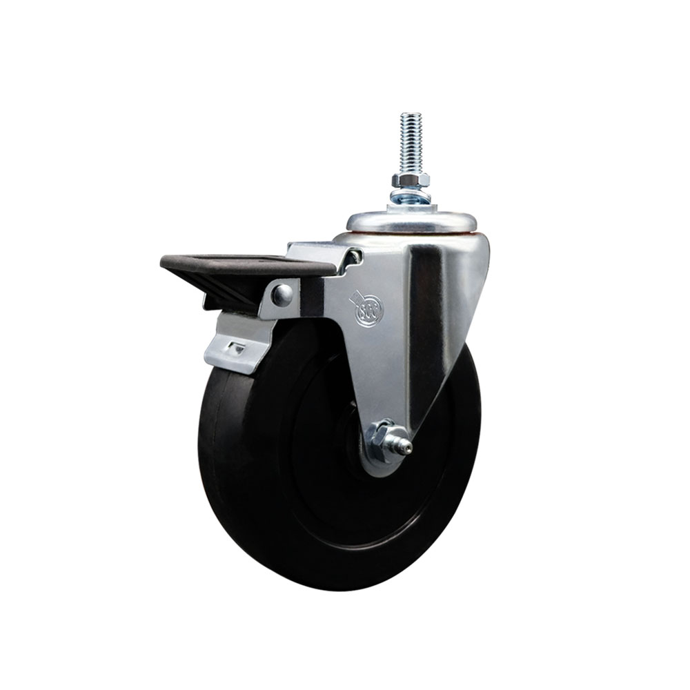 SCC-TS20S514-SRS-PLB-M1215 Soft Rubber Swivel Threaded Stem Caster with 5 x 1.25 in. Black Wheel & 12 mm Stem & Posi Locking Brake