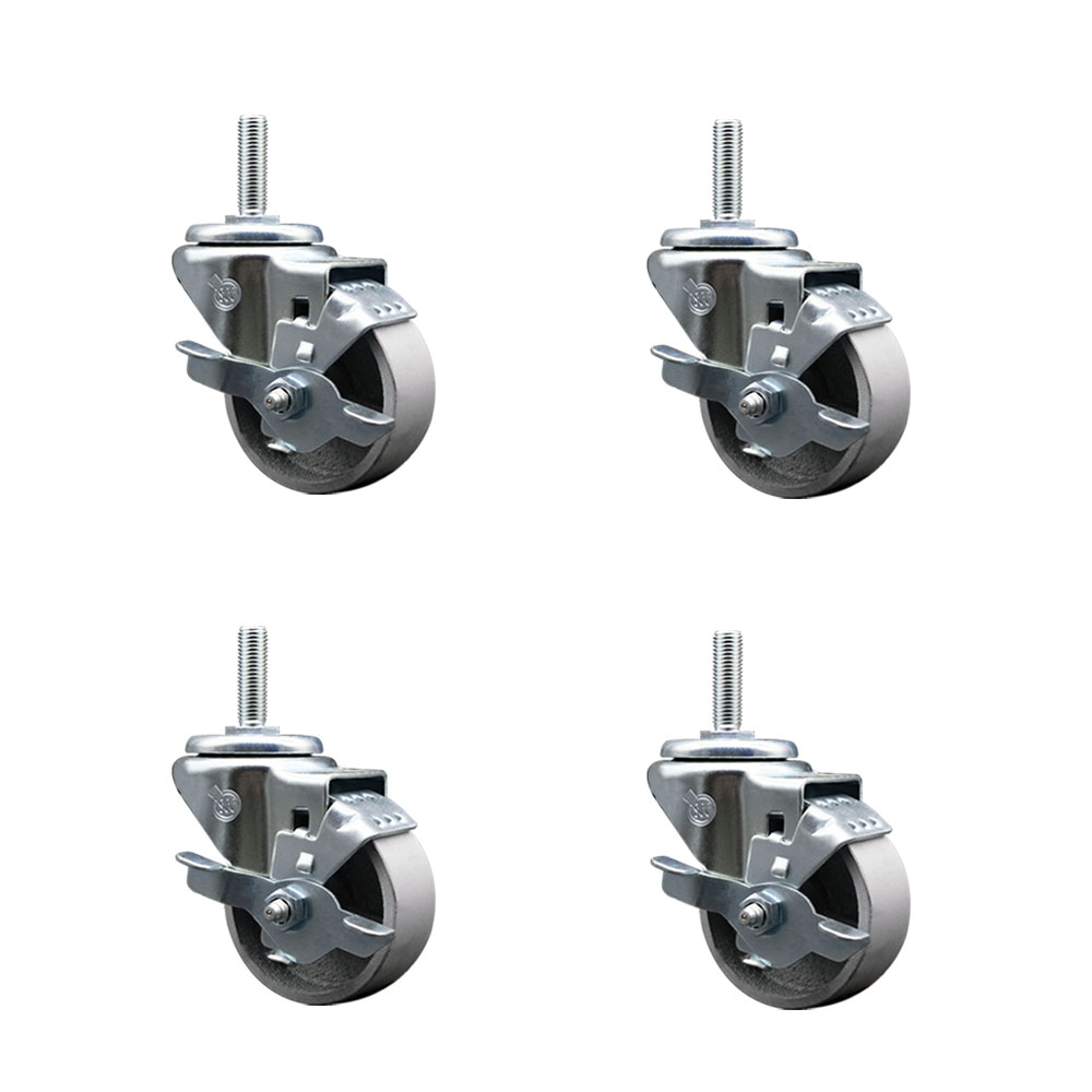 Semi Steel Cast Iron Swivel Threaded Stem Caster with Roller Bearing, 3 x 1.5 in. Silver Wheels & 0.75 in. Stems - Set of 4