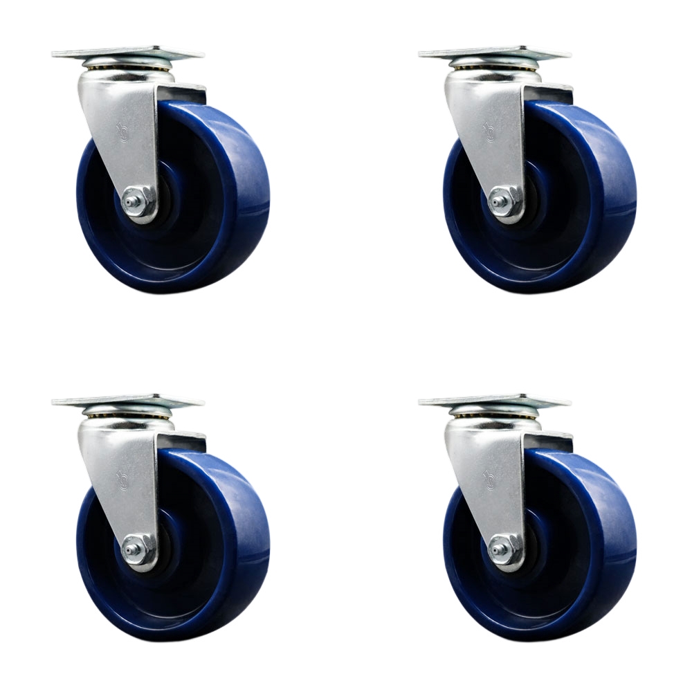SCC-20S520-SPUB-4 Swivel Top Plate Caster Set, Blue - 5 in. by 2 in. Solid Polyurethane Wheel Ball Bearing